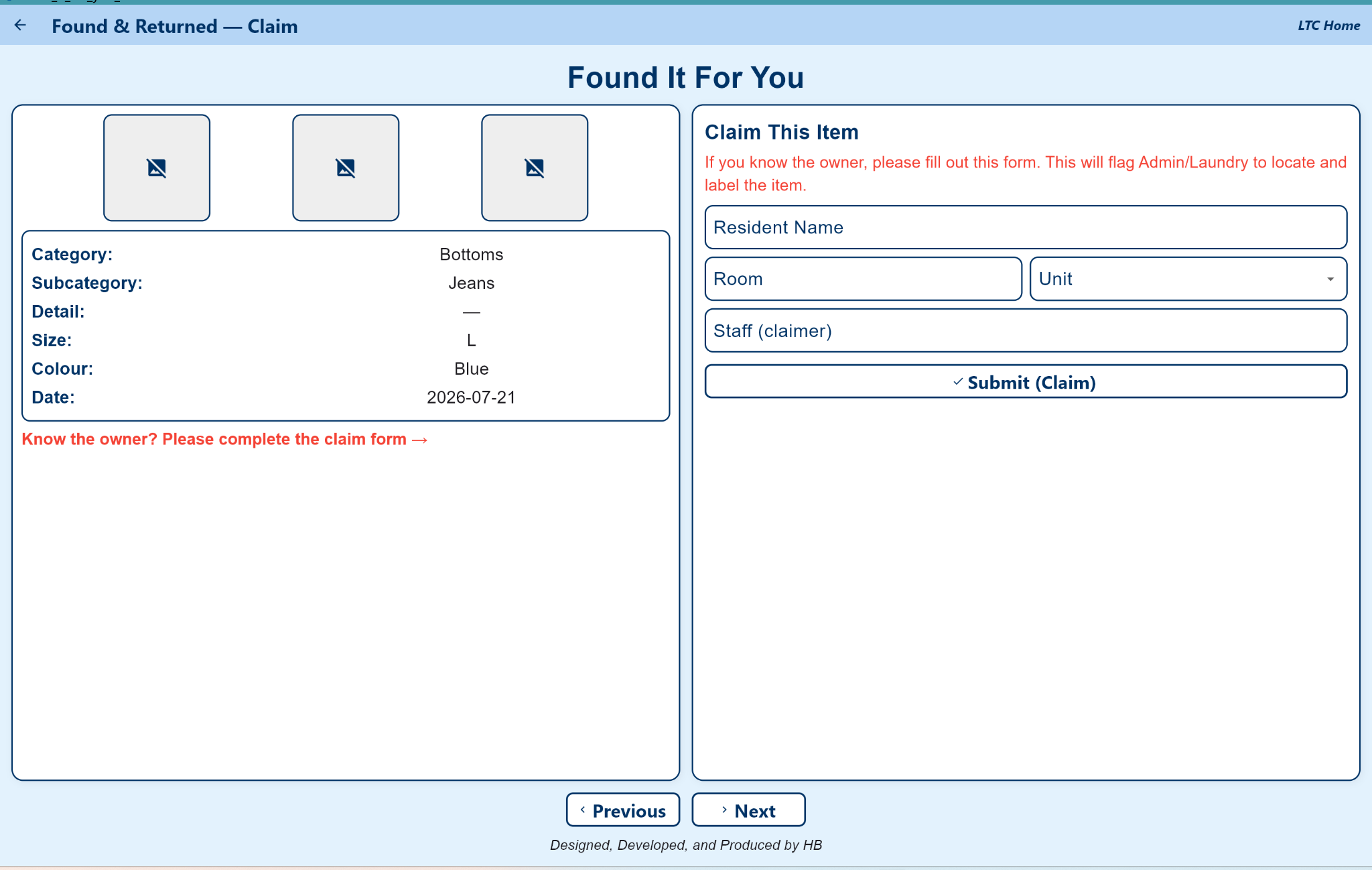Found item claim workflow