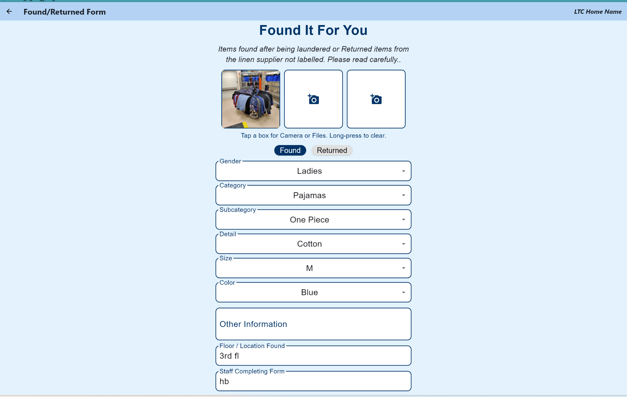 Found item form with photo and description fields