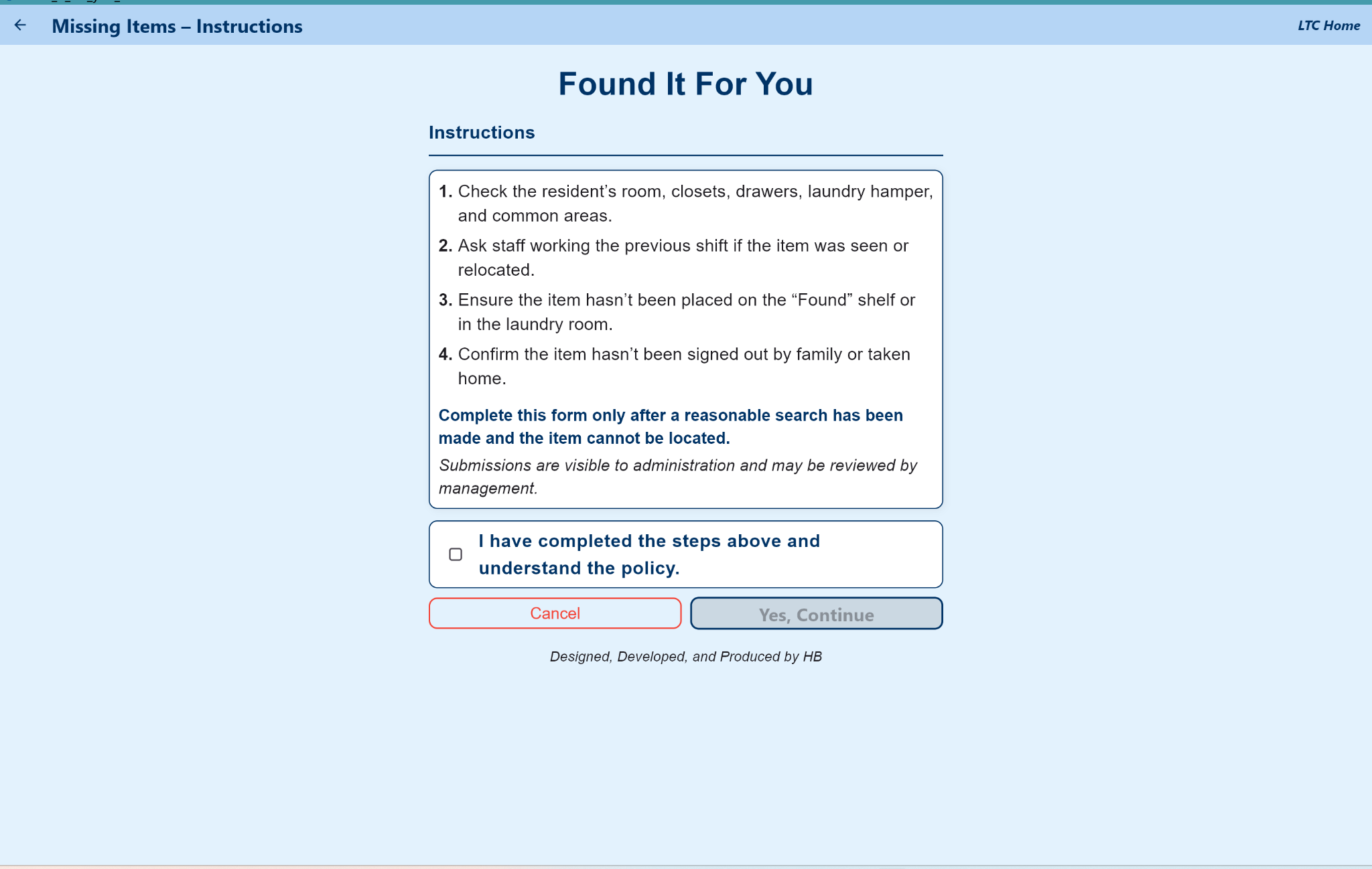 Missing items instructions screen