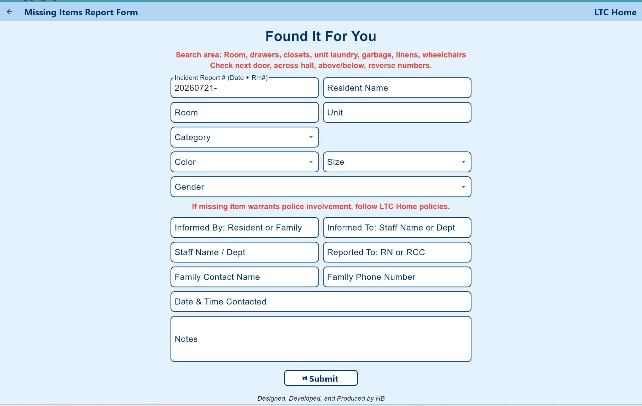 Missing item report form
