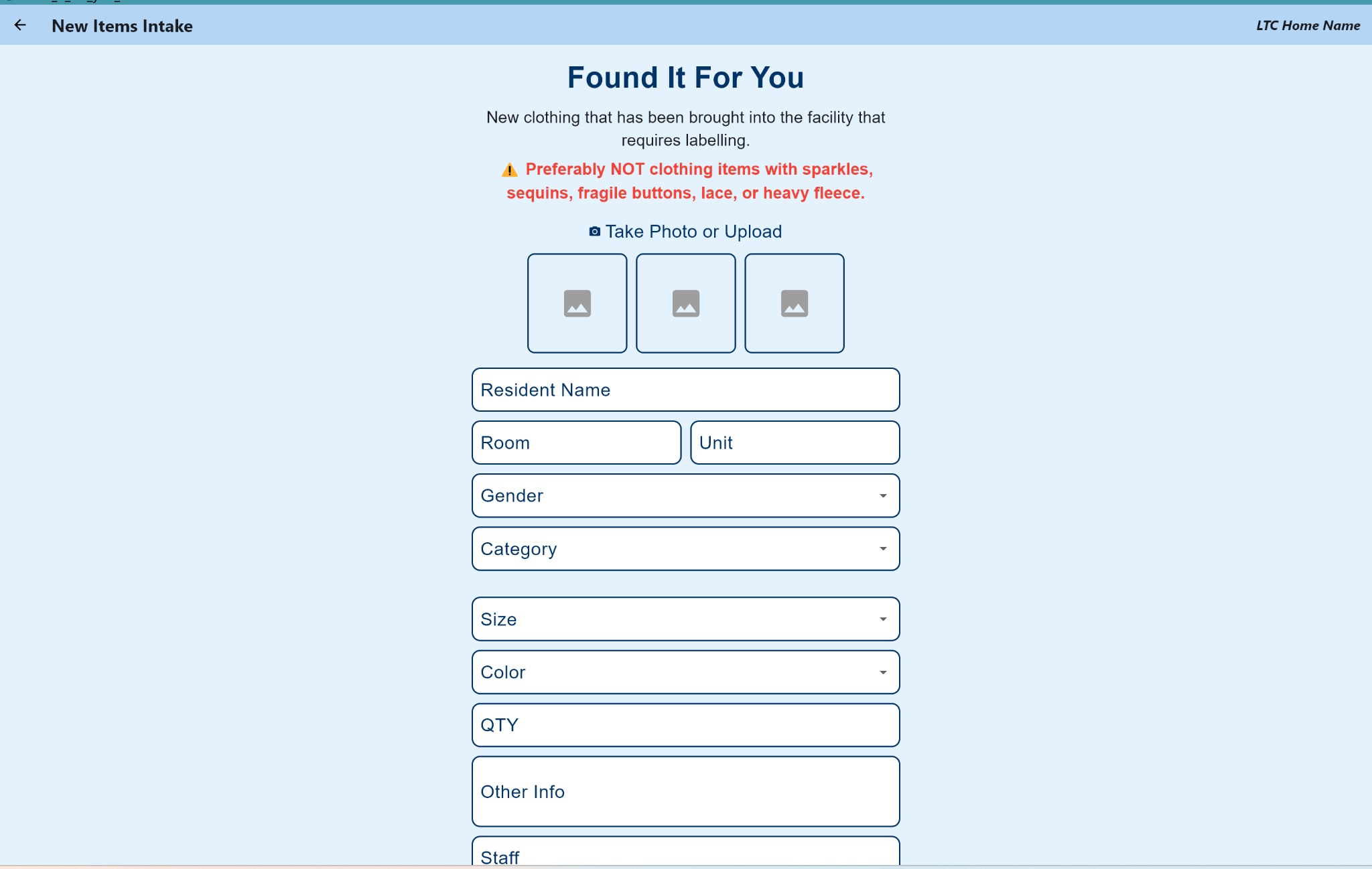 New items intake form