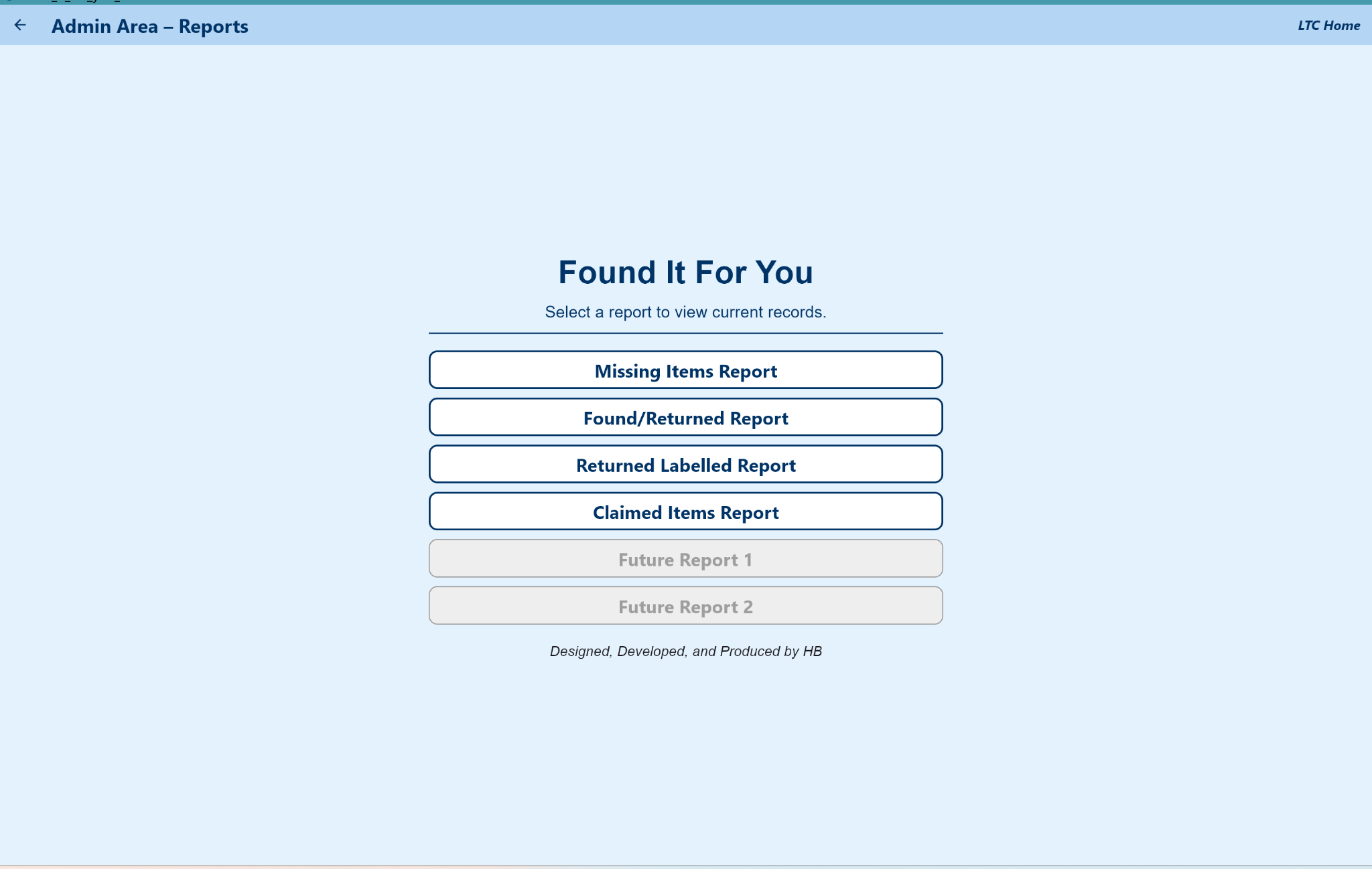 Administrative reports menu